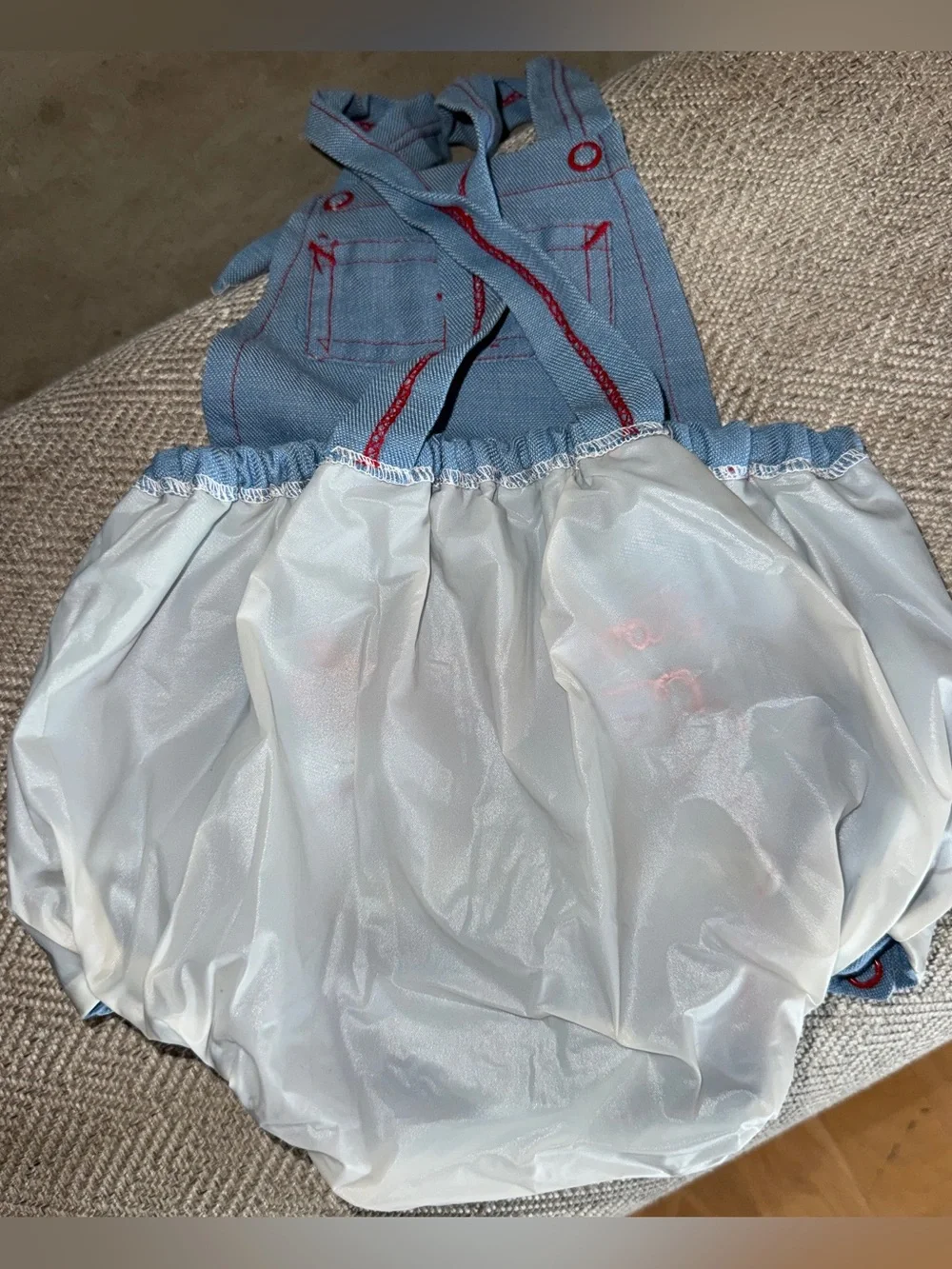 Vintage 80’s light blue denim bubble romper toot toot train on butt 6-12 months